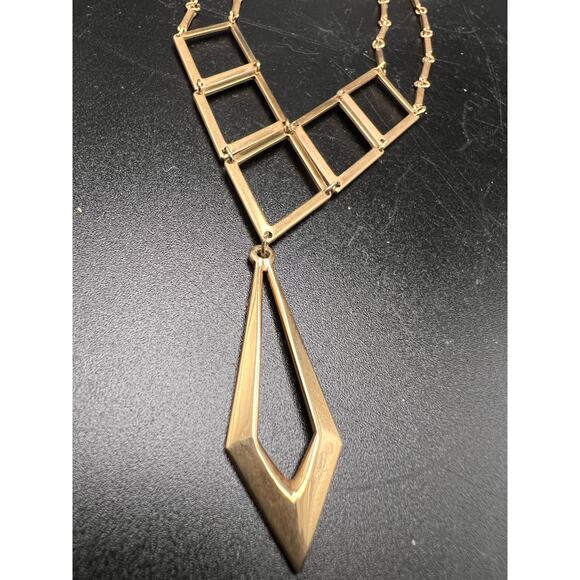 Vintage 70s Sara Coventry gold tone Goddess necklace geometric layer Y drop - Picture 4 of 6